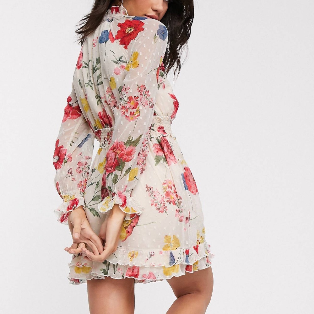 River Island long sleeve waisted frill mini dress in cream